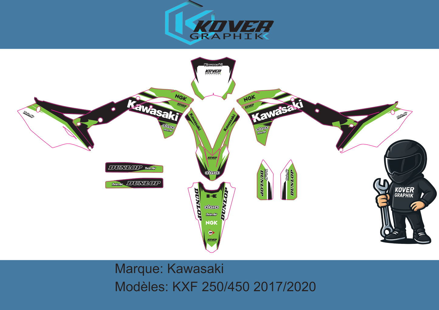 Kit déco Kawasaki KXF 250/450 2017-2020 – Design Factory Green | Kover Graphik