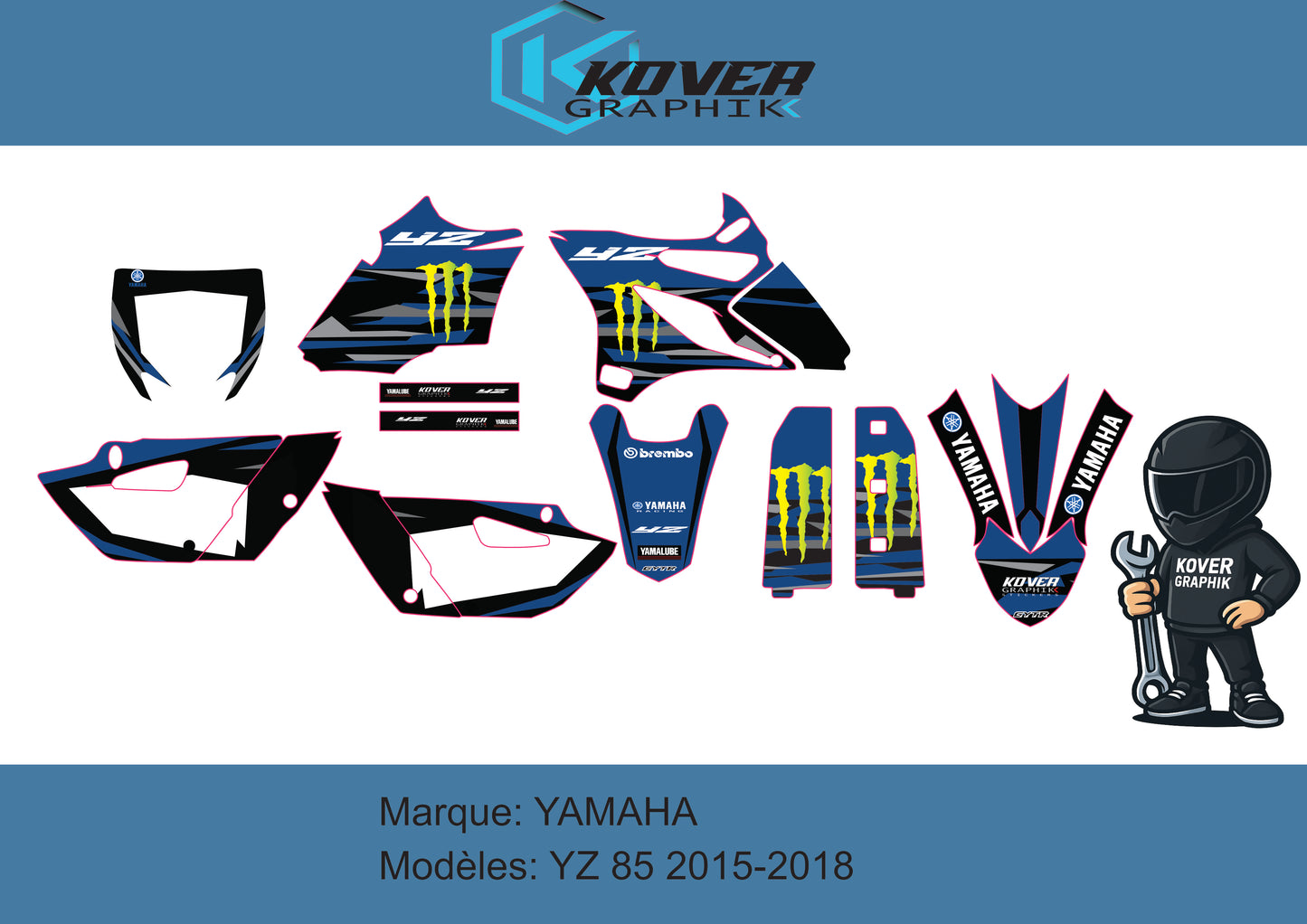 Kit Déco Moto Compatible avec Yamaha YZ 85 – Stickers Résistants – Design Racing Bleu/Noir – Kover Graphik