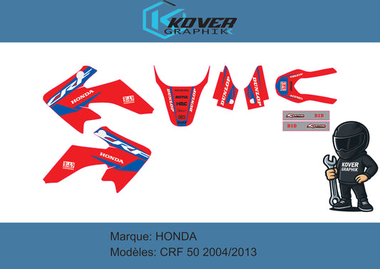 Kit Déco Moto Compatible avec Honda CRF 50 (2004-2013) – Stickers Résistants – Design Racing Rouge/Bleu – Kover Graphik