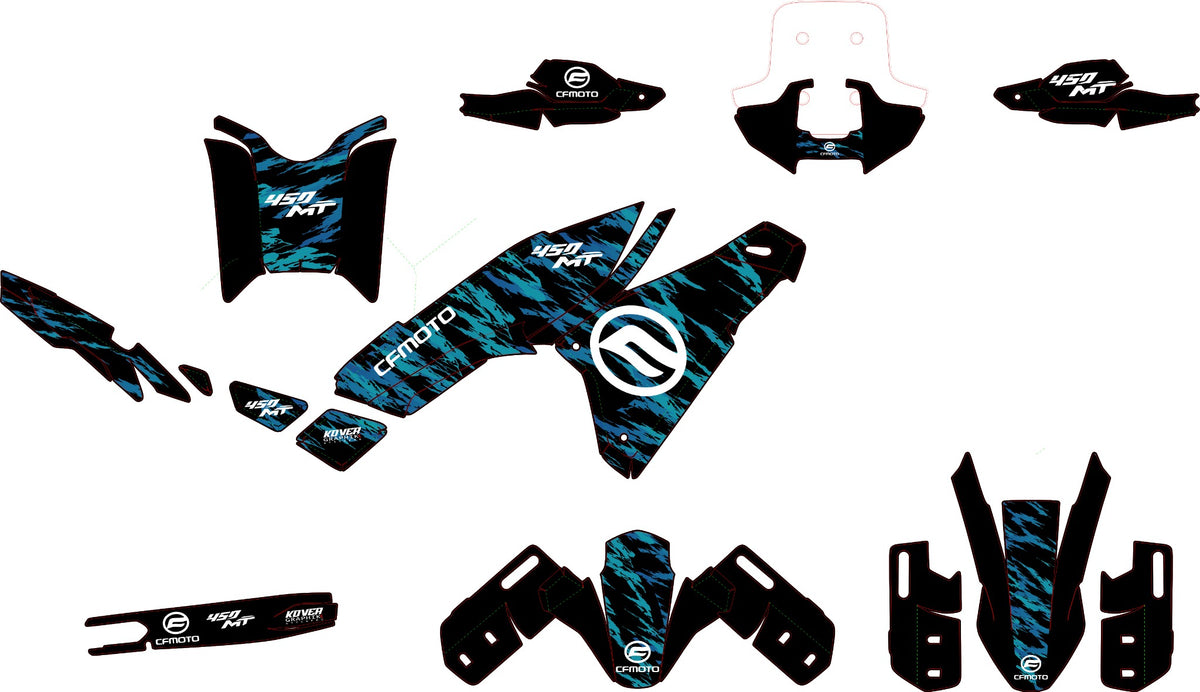 Planche graphique kit déco CFMOTO 450MT camo bleu dégradé 2024-2026
