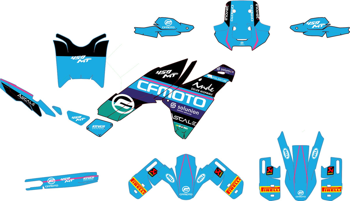 Planche graphique du kit déco CFMOTO 450MT édition Solunion cyan noir magenta