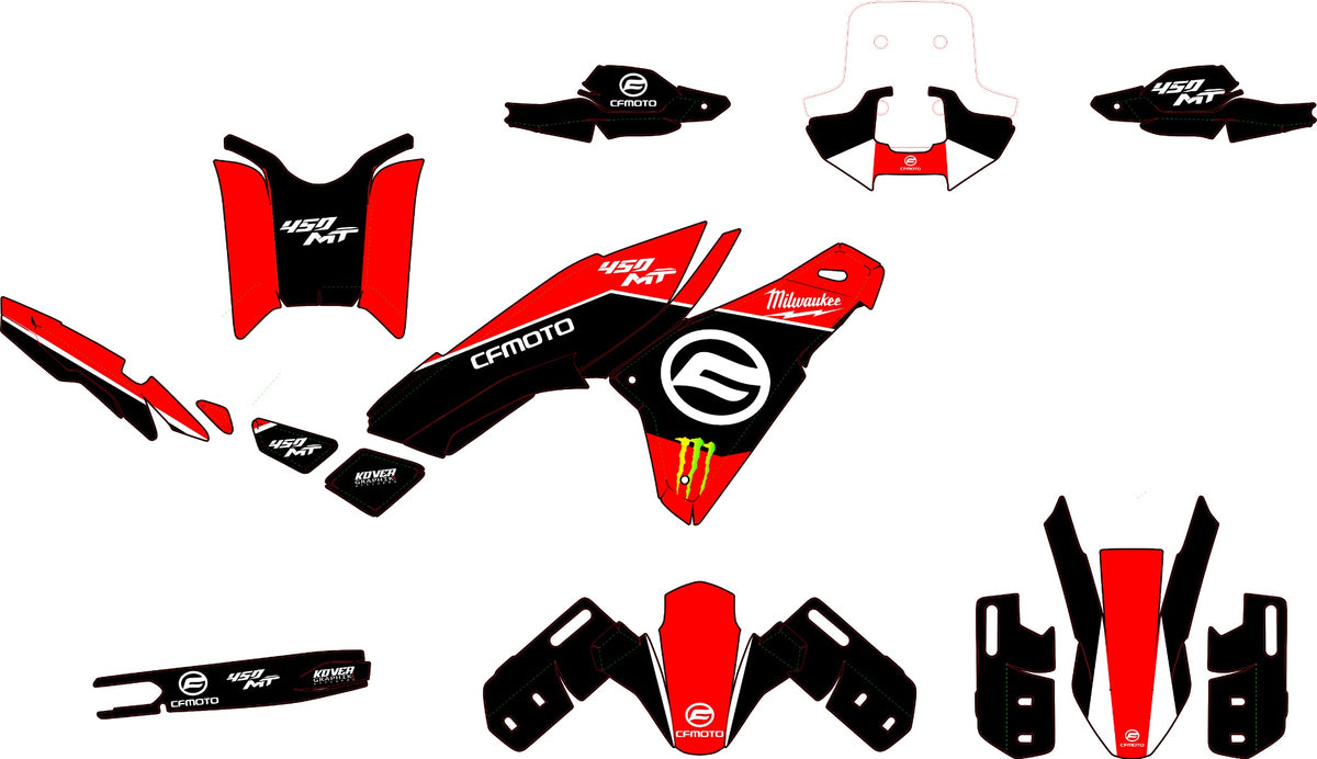 Planche graphique kit déco CFMOTO 450MT Milwaukee rouge noir et vert fluo