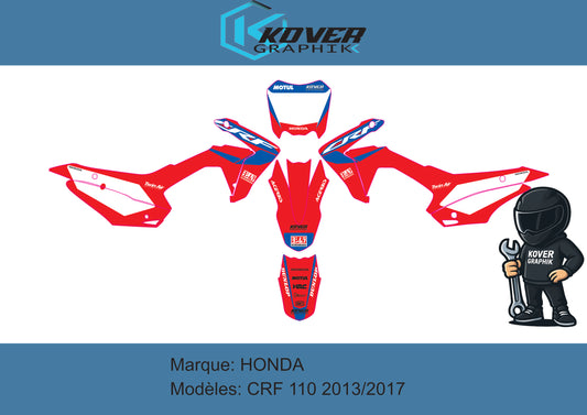 Kit Déco Moto Compatible avec Honda CRF 110 (2013–2017) – Stickers Résistants – Design Racing Rouge/Bleu – Kover Graphik