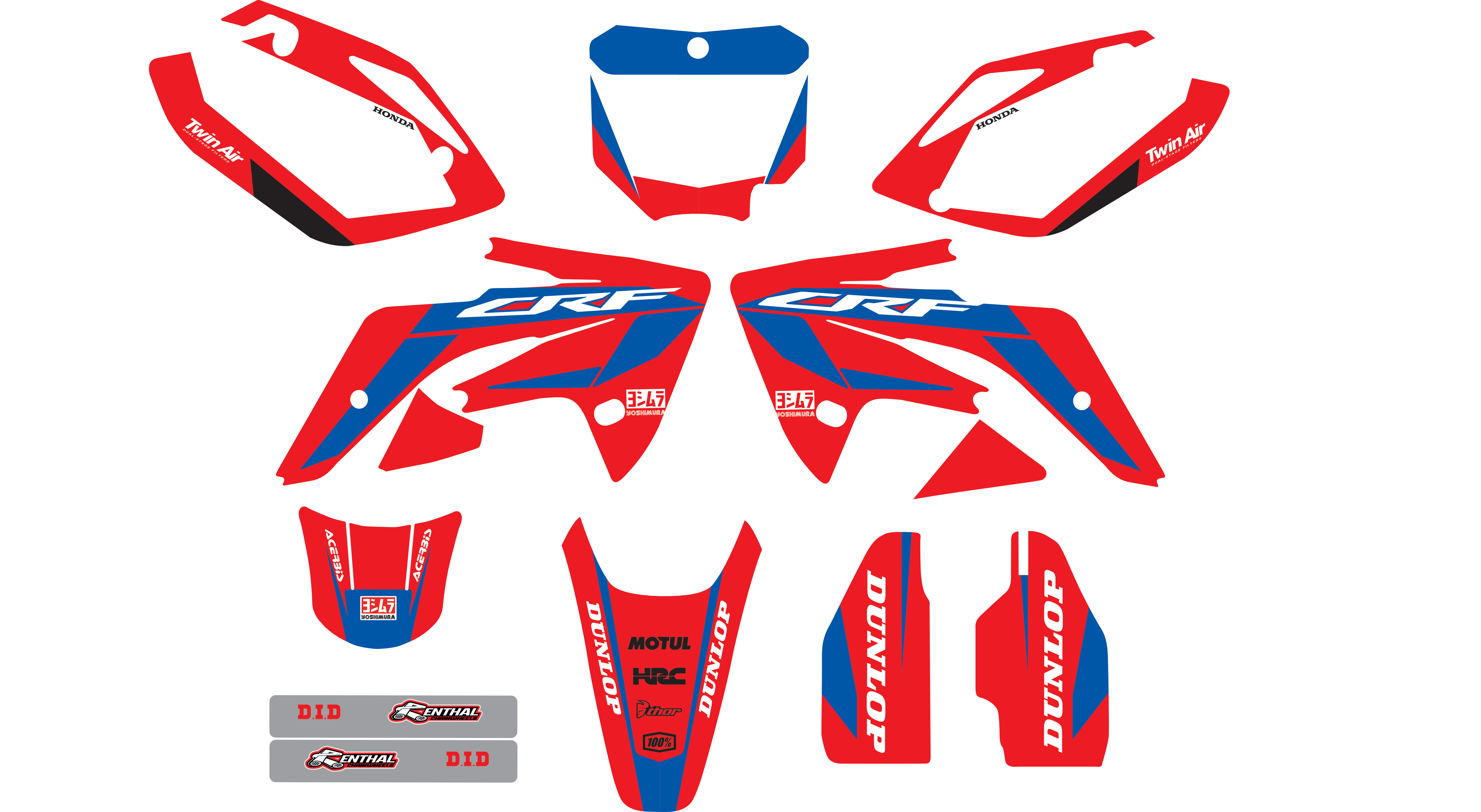 Kit de gráficos para motocicleta compatible con Honda CRF 110 (2013-2017) – Adhesivos duraderos – Diseño de carreras rojo/azul – Kover Graphik