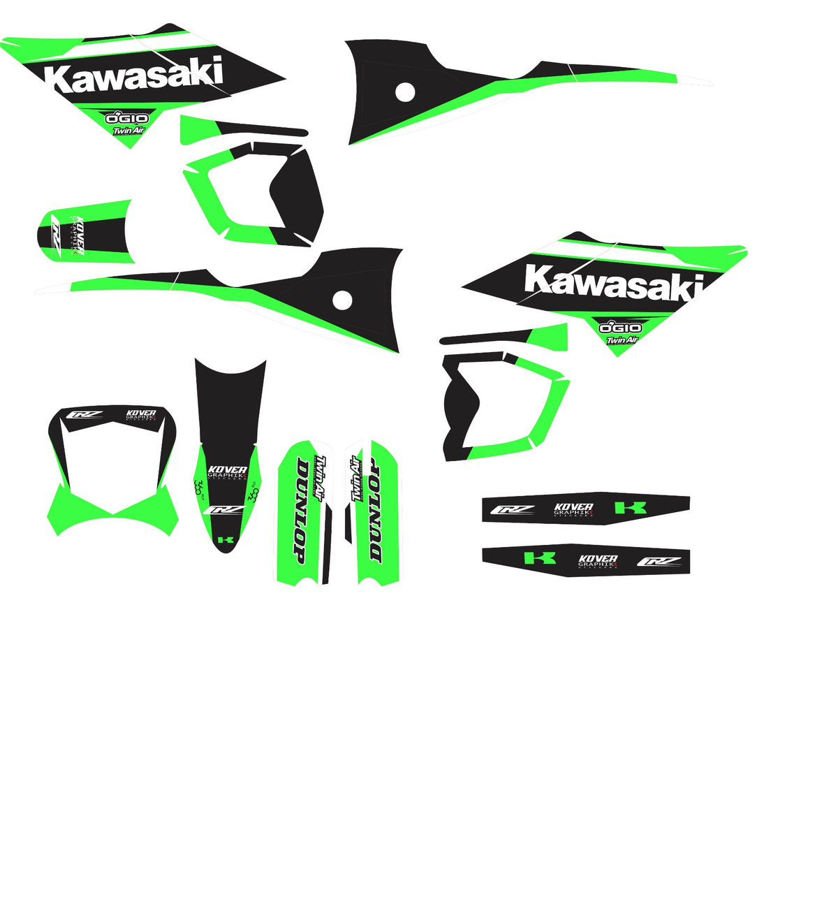 Planche graphique kit déco CRZ Iron Kawasaki vert vif noir et blanc pour versions 2500W 5000W 6000W