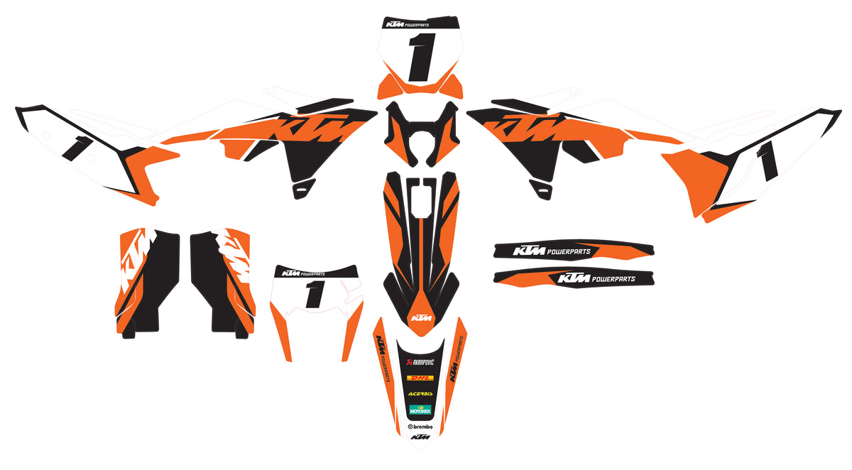 Kit déco KTM EXC EXC-F orange noir blanc vue complète