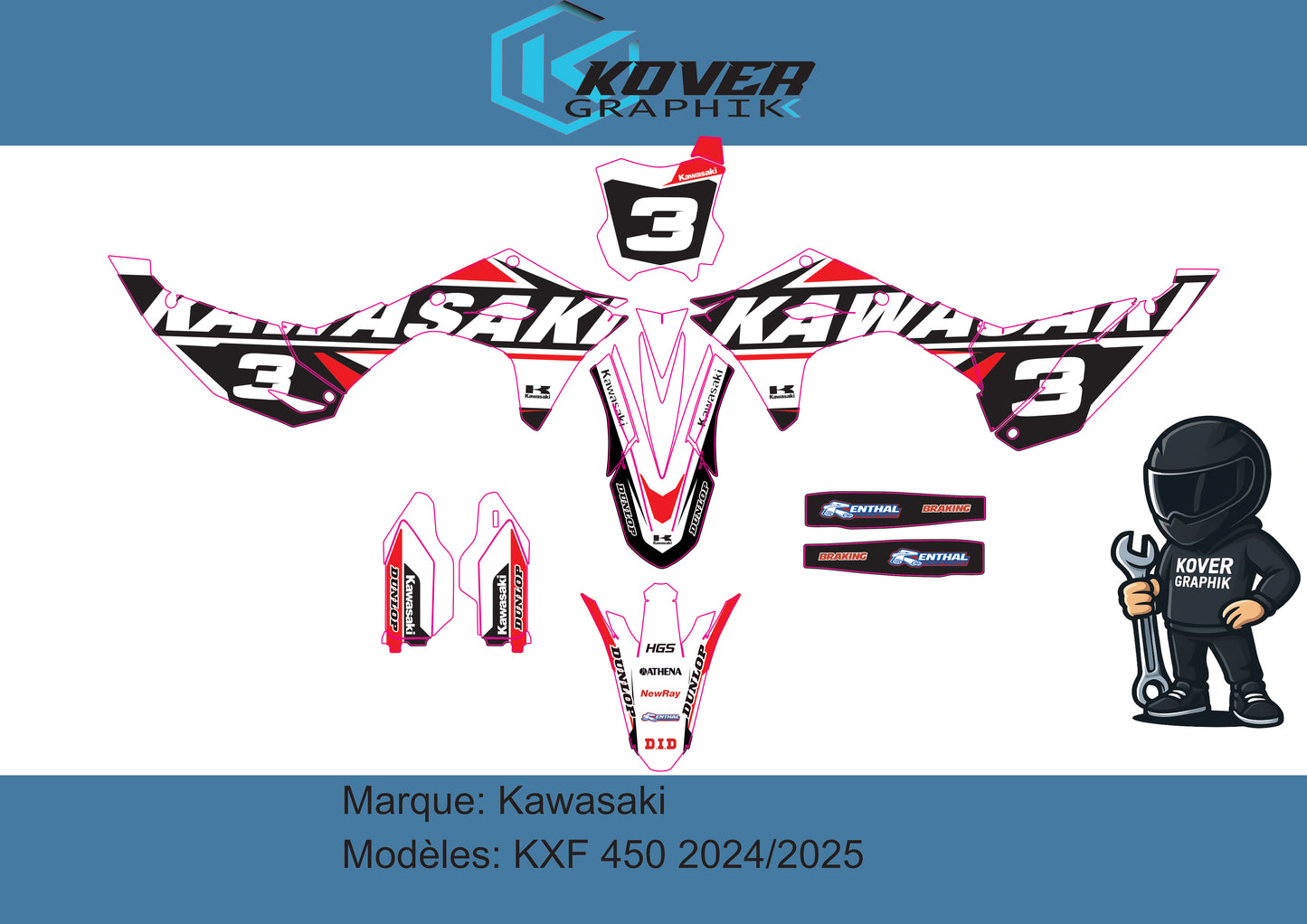 Kit déco Kawasaki KXF 450 2024-2025 – Design Factory Racing Black/Red | Kover Graphik