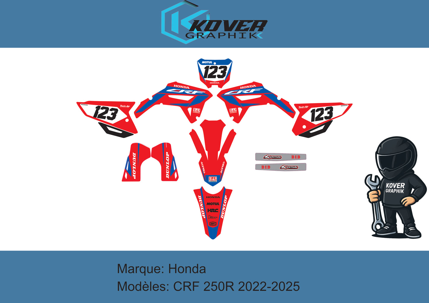 Kit déco Honda CRF 250R 2022-2025 – Design Factory HRC Rouge / Bleu | Kover Graphik