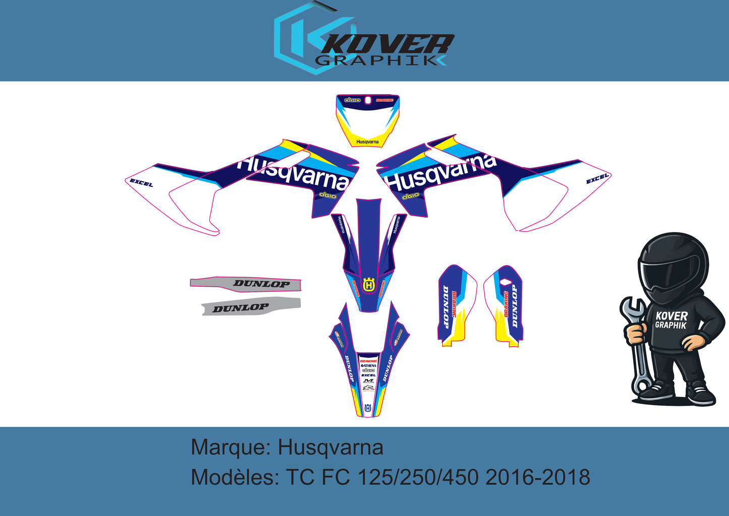 Kit déco Husqvarna TC/FC 125-250-450 2016-2018 – Design Factory Blue/Yellow | Kover Graphik