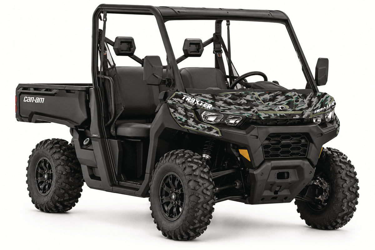 Kit déco camouflage vert et noir pour Can-Am Traxter – aperçu du rendu sur le véhicule