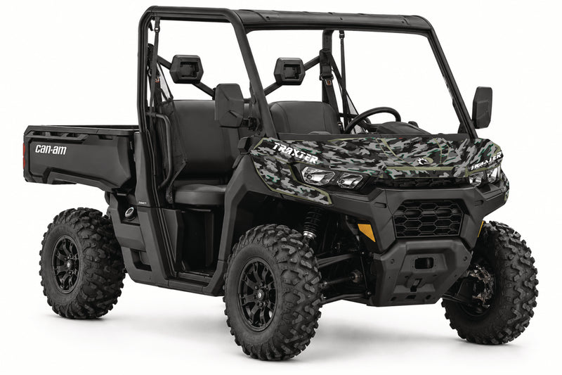 Kit déco camouflage vert et noir pour Can-Am Traxter – aperçu du rendu sur le véhicule