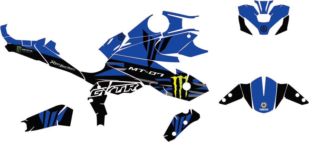 Planche des stickers du kit déco bleu noir style GP pour Yamaha MT-07 2025