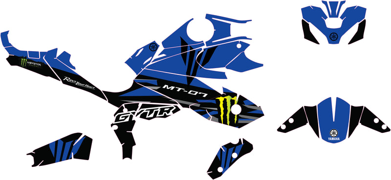 Planche des stickers du kit déco bleu noir style GP pour Yamaha MT-07 2025