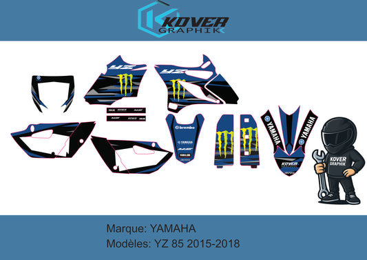Kit Déco Moto Compatible avec Yamaha YZ 85 – Stickers Résistants – Design Racing Bleu/Noir – Kover Graphik