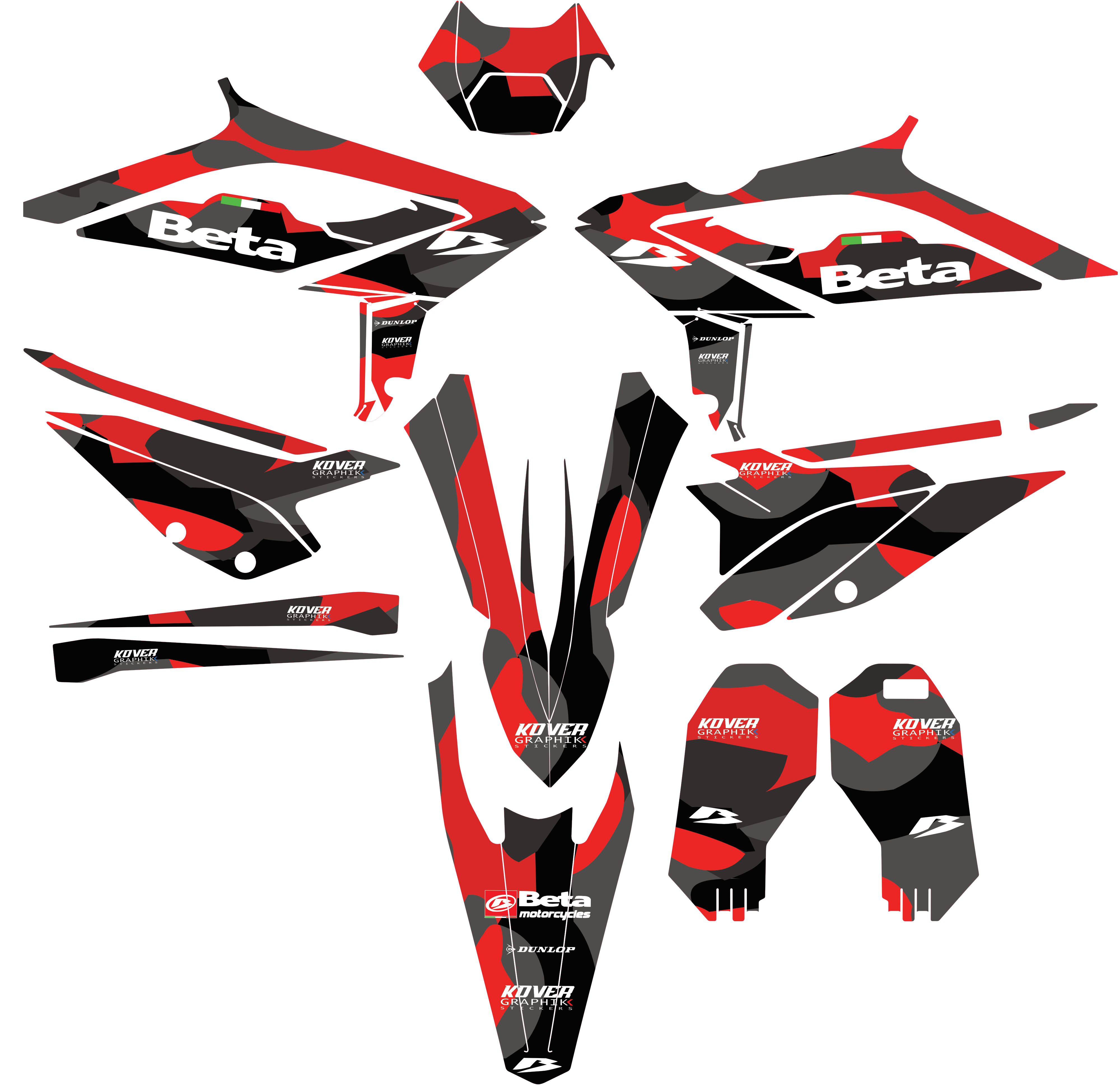 Kit déco Beta RR 125 à 480 (2T & 4T) 2023-2024 – Camo Rouge / Noir