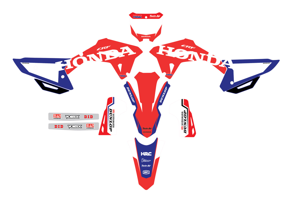 Aperçu du kit déco rouge et bleu avec lettrage HONDA monté sur une Honda CRF de motocross.