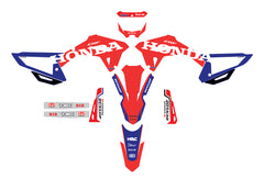 Aperçu du kit déco rouge et bleu avec lettrage HONDA monté sur une Honda CRF de motocross.