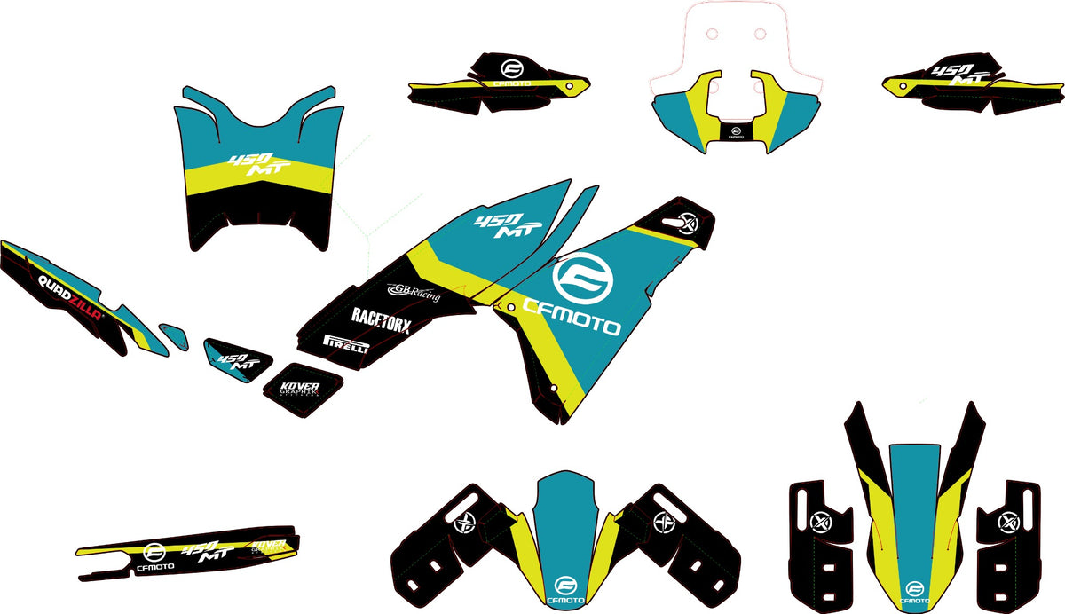 Planche des stickers du kit déco CFMOTO 450MT 2024-2026 road race turquoise jaune fluo noir