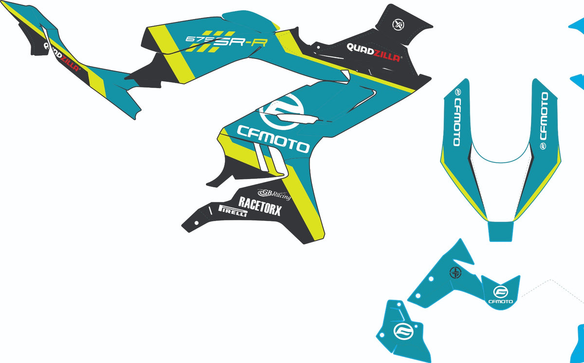 Visuel à plat du kit déco CF Moto 675 SR-R 2025-2026 style Road Racing turquoise, jaune fluo et noir