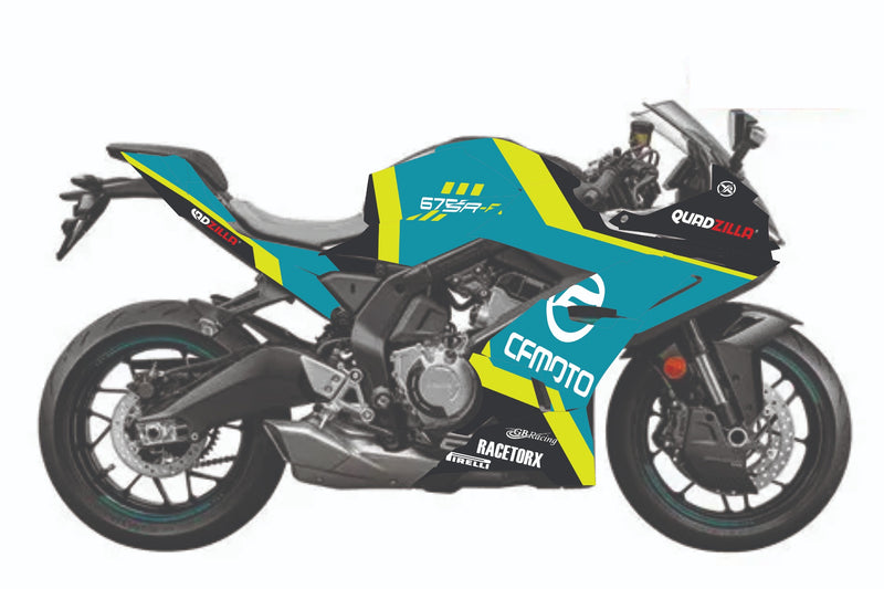 Kit déco CF Moto 675 SR-R 2025-2026 style Road Racing turquoise, jaune fluo et noir monté sur moto