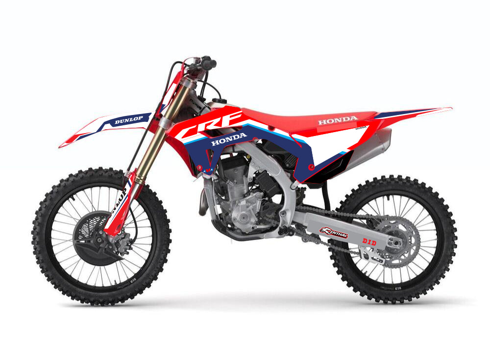 Aperçu du kit déco rouge bleu blanc monté sur une Honda CRF de motocross.