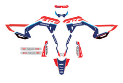 Kit déco Honda CRF 250R et CRF 450R 2022 à 2024 rouge bleu blanc présenté à plat.