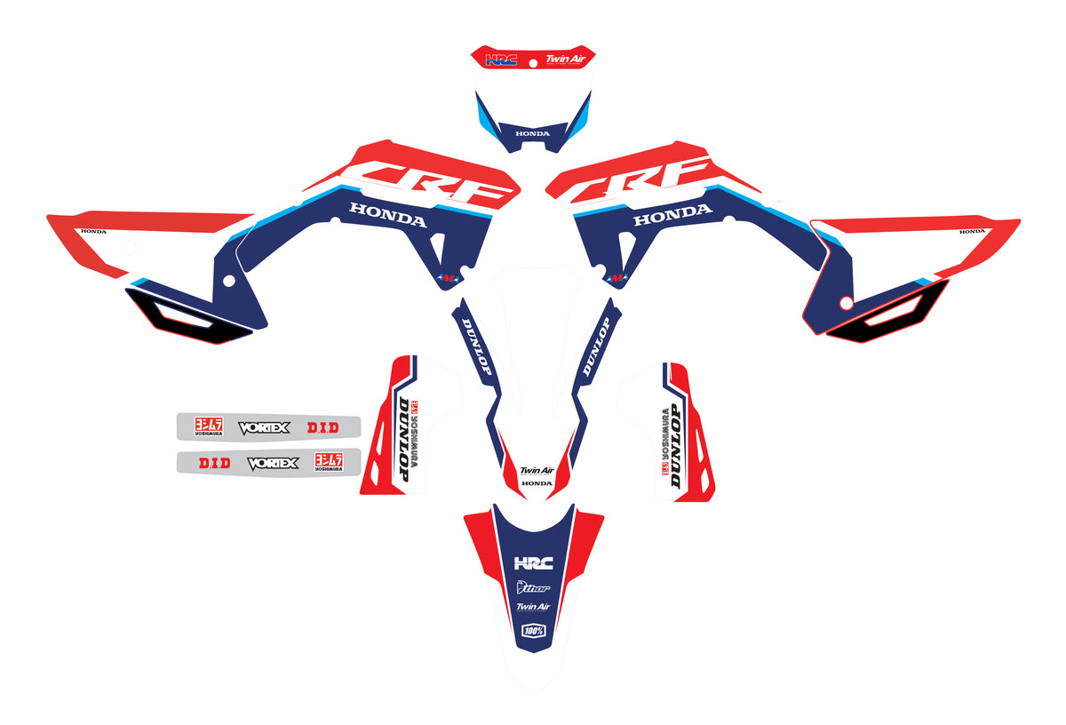 Kit déco Honda CRF 250R et CRF 450R 2022 à 2024 rouge bleu blanc présenté à plat.