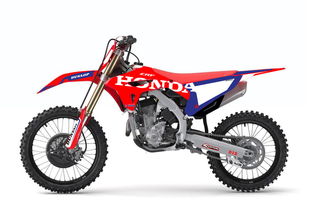 Kit déco Honda CRF 250R et CRF 450R 2022 à 2024 rouge bleu blanc avec lettrage HONDA, présenté à plat.
Copier le ALT