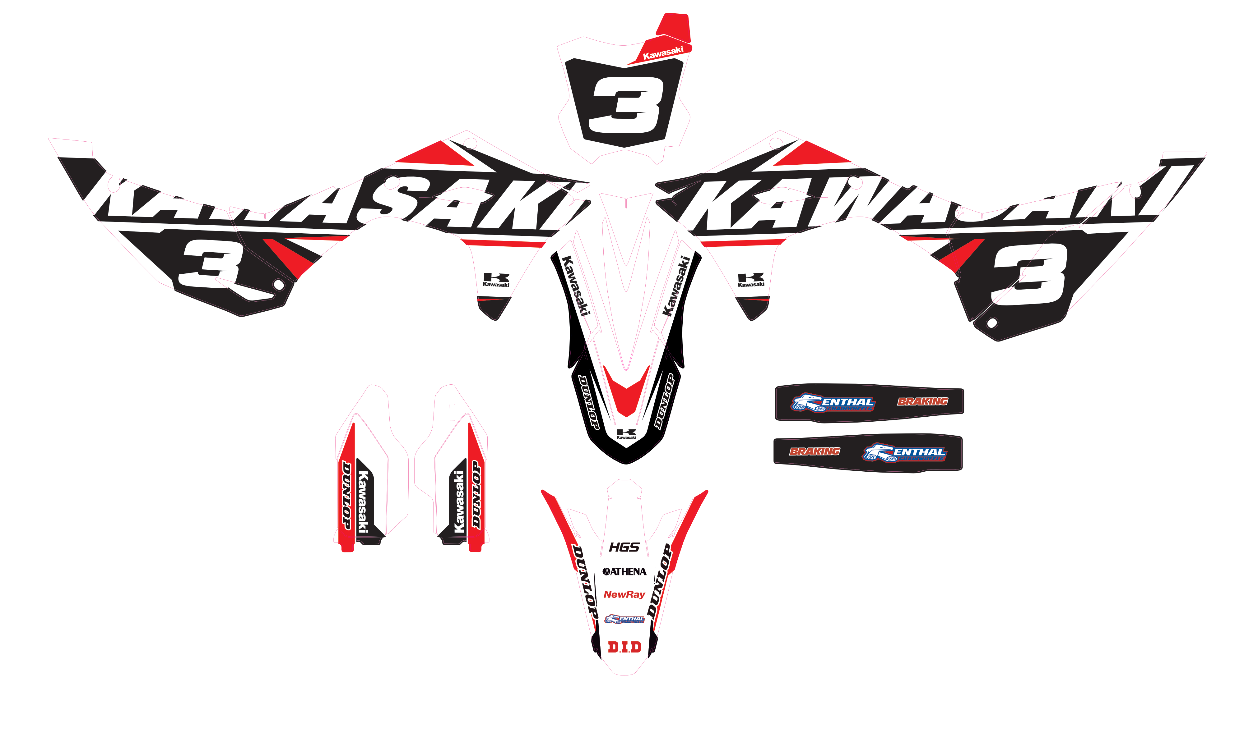 Kit déco Kawasaki KXF / KX-F 250 & 450 (2024–2025) – Design Factory Racing Black / Red