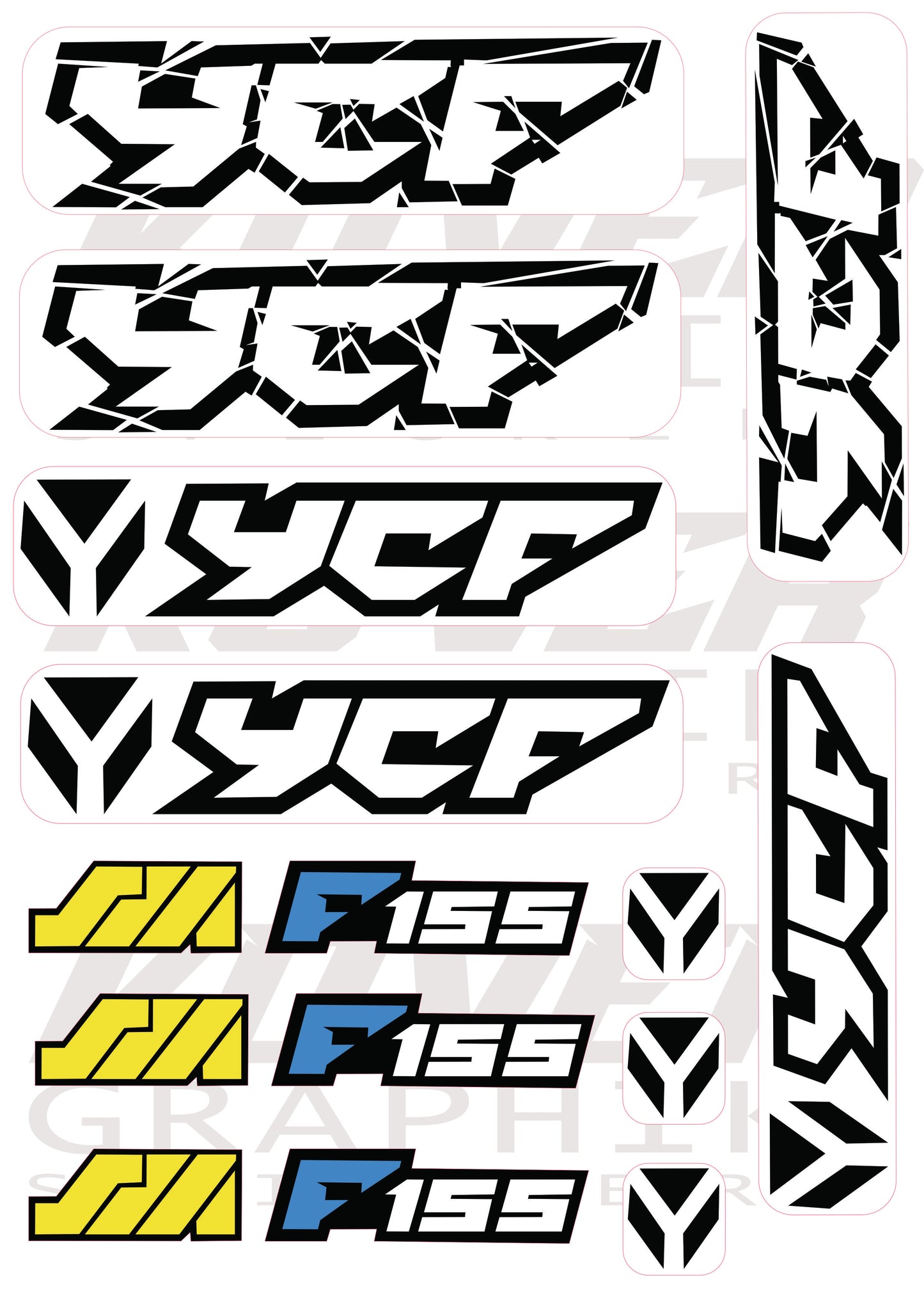 Kit Stickers YCF SM F155 – Design Noir, Blanc, Jaune & Bleu | Kover Graphik