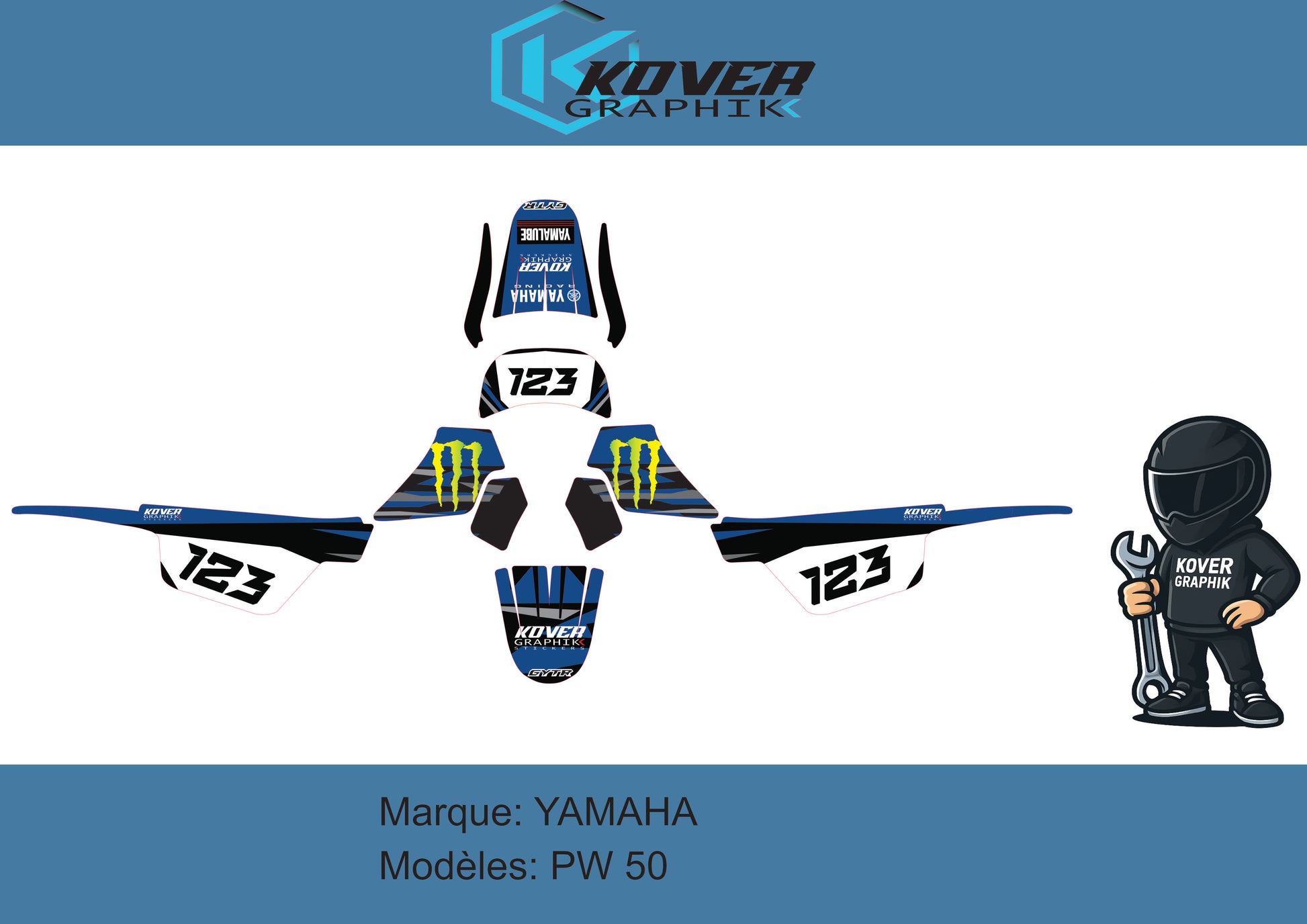 Kit de decoración para moto compatible con Yamaha PW 50 – Adhesivos resistentes – Diseño Racing Azul/Negro – Kover Graphik-2