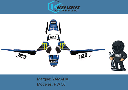 Kit Déco compatible Yamaha PW 50 – Design Racing Bleu/Noir – Stickers Moto Enfant | Kover Graphik