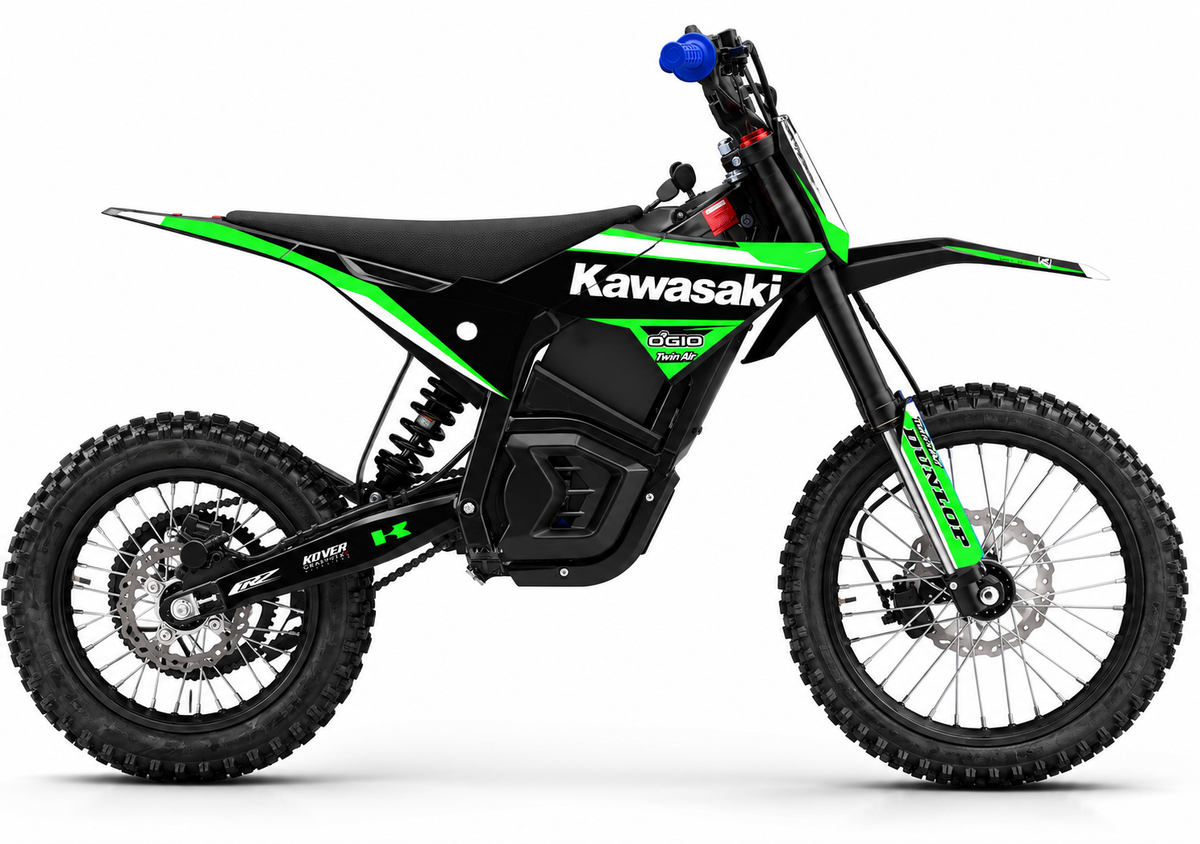 Kit déco CRZ Iron Kawasaki vert noir blanc 2500W 5000W 6000W – rendu réaliste sur dirt bike électrique