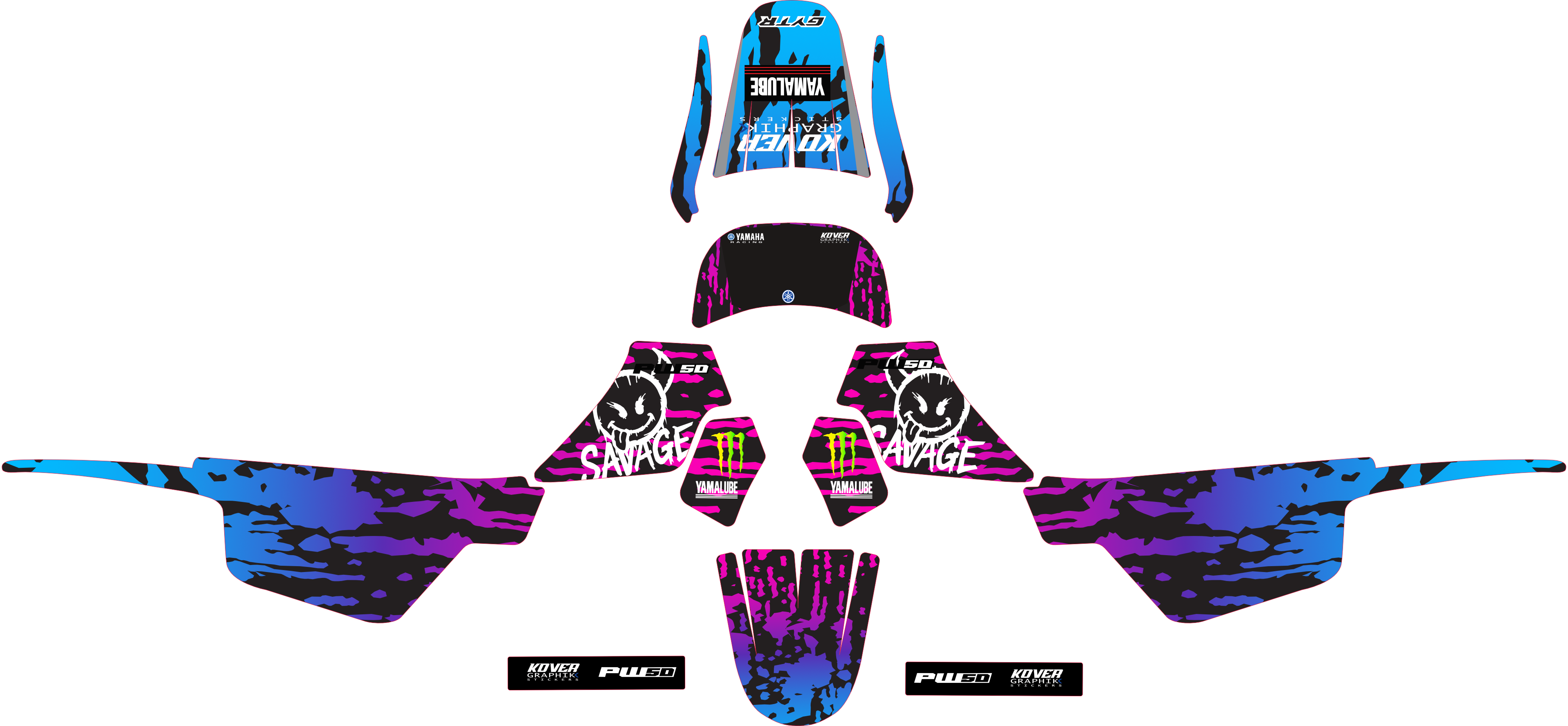Kit déco Yamaha PW50 – Savage Edition Violet/Bleu | Stickers Moto Enfant Premium